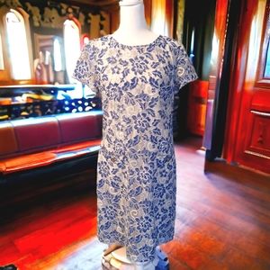 Tommy Hilfiger Blue White Floral Lace Delft Shift Short Sleeves Formal Dress 6